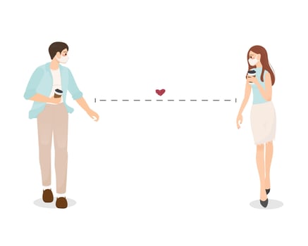 young couple wear face mask with coffee walk together with social distance due to corona virus pandemic vector