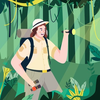 Girlscout With Binocular And Flashlight Explore Jungle Concept vector