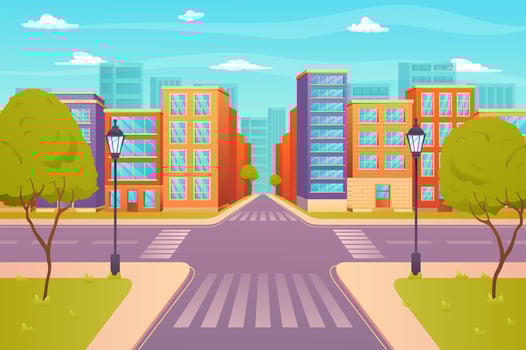 Crossroads on city street view concept in flat cartoon design. Cityview with roadway, sidewalk with lanterns, buildings, skyscrapers on horizon. Urban infrastructure. Vector illustration background