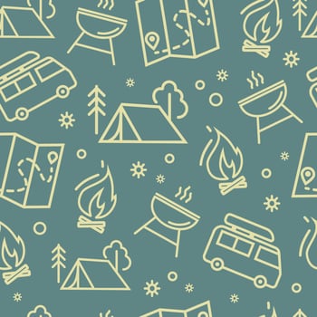 Elements of Camping, family tourism. A camping tent, a burning campfire, a map, a barbecue, and a van. Family camp in the woods, hiking items vector seamless pattern of icons in a linear style.