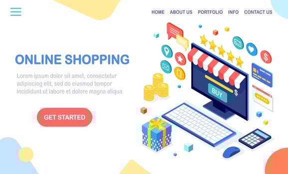 Online shopping , sale concept. Buy in retail shop by internet. 3d isometric computer, laptop with money, credit card, customer review, feedback, gift box, surprise. Vector design for web banner