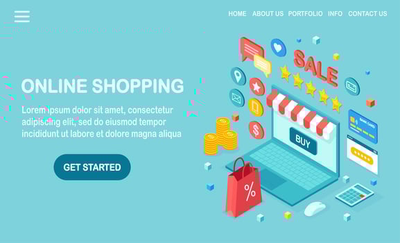 Online shopping concept. Buy in retail shop by internet. Discount sale. 3d isometric computer, laptop with money, credit card, customer review, feedback, bag, package. Vector design for web banner