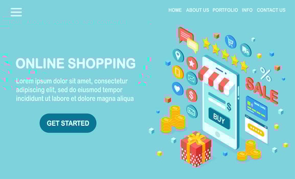 Online shopping concept. Buy in retail shop by internet. Discount sale. 3d isometric mobile phone, smartphone with money, credit card, customer review, feedback, gift box. Vector design for banner