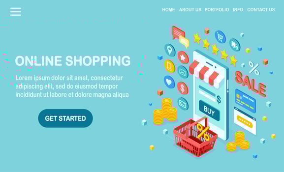 Online shopping concept. Buy in retail shop by internet. Discount sale. 3d isometric mobile phone, smartphone with money, credit card, customer review, feedback, bag, basket. Vector design for banner