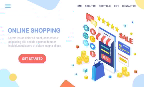 Online shopping concept. Buy in retail shop by internet. Discount sale. 3d isometric mobile phone, smartphone with money, credit card, customer review, feedback, bag, package. Vector design for banner
