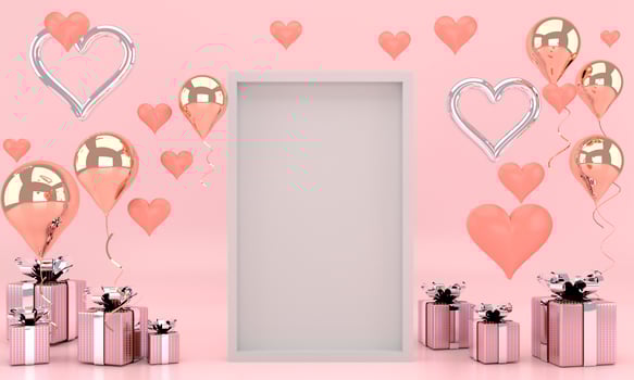 3d render interior with balloons, mock up poster frame, gift box in the room. Empty space for party, promotion social media banners, posters. Valentine's Day card photo