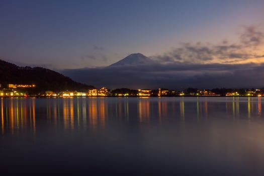 Beautiful natural landscape view of Mount Fuji at Kawaguchiko during twilight time  in autumn season at Japan photo