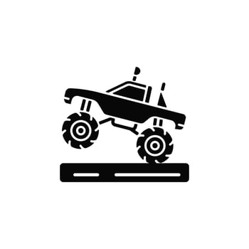 Monster truck racing black glyph icon. Pickup with oversized tires. Competitive and entertainment event. Stunt driving experience. Silhouette symbol on white space. Vector isolated illustration