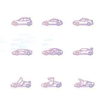 Sports car models gradient linear vector icons set. Non-standard door designs. High-speed driving experience. Thin line contour symbols bundle. Isolated outline illustrations collection