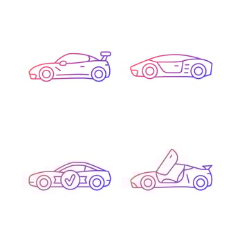 Race car models gradient linear vector icons set. Customized vehicle. High-rated professional auto. Unique door design. Thin line contour symbols bundle. Isolated outline illustrations collection