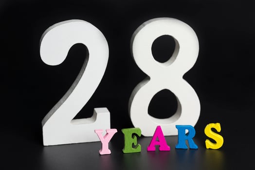 Letters and numbers twenty-eight years on a black background. photo