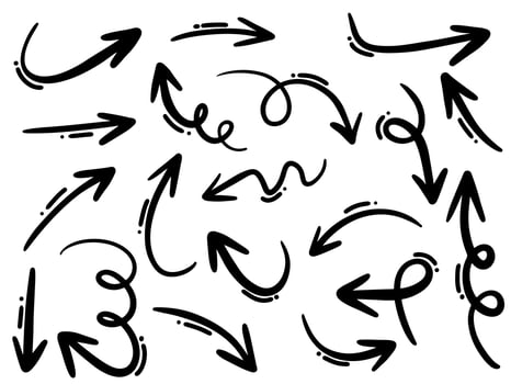 hand drawn arrow icon set isolated on white background. Doodle vector illustration.