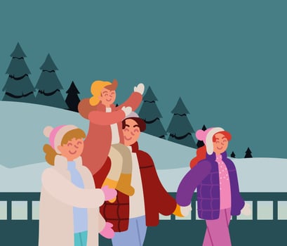 family walking winter scene vector