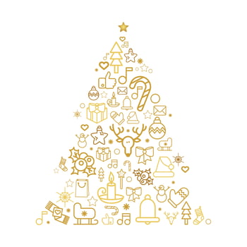 Christmas tree silhouette with holiday linear icons vector