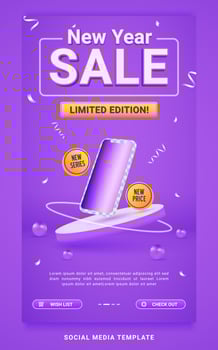 New year sale, smartphone promo social media story template vector