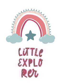 cute hand lettering quote 'Little explorer' decorated with rainbow for nursery posters, prints, greeting cards, kids apparel, sublimation, etc. EPS 10 vector