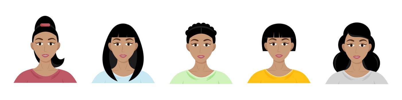 Different types of women's hairstyles. Set of beautiful young African American girls with different hairstyles. Vector cartoon style