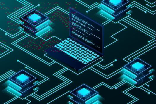 Isometric blockchain technology landing page. Cryptocurrency and blockchain isometric composition. Bitcoin trading. Global cryptocurrency blockchain data transfer concept. vector