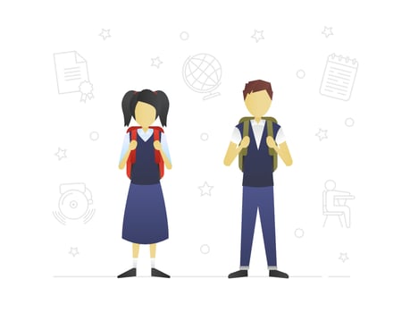 Schoolchildren flat character design. Brother and sister. Teenagers. Grade schoolers with backpacks. Vector isolated illustration