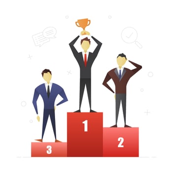 Business contest flat character design. Competition for businessmen. Winners, champions. First, second and third places. Vector isolated illustration
