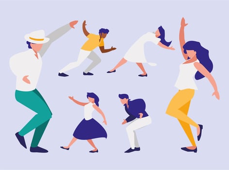 Set of women and men doing dancing positions vector design