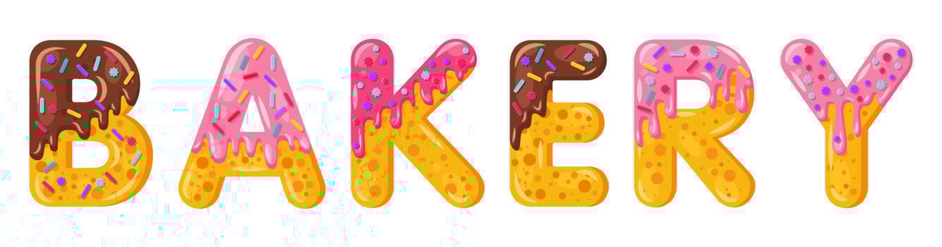 Donut cartoon bakery biscuit bold font style. Glazed capital letters. Tempting flat design typography. Cookies, chocolate letters. White background. Pastry, bakery, waffle isolated vector clipart