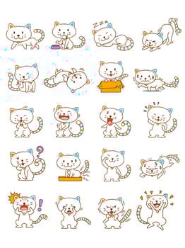 Set of cute cartoon white cats in different poses. vector