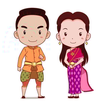 Cute couple of cartoon characters in Thai traditional costume. vector