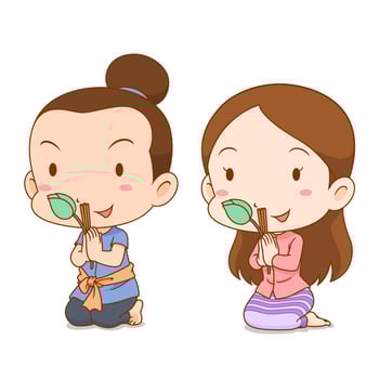 Cute couple cartoon in Thai costume praying with incense sticks and lotus. vector