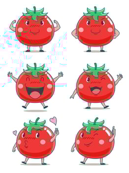 Set of cute cartoon tomatoes in different poses. vector