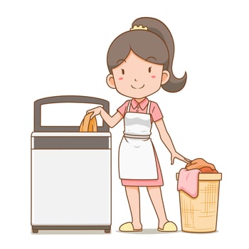 Cartoon character of housekeeper putting clothes in the washing machine. vector