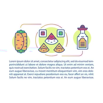 Mexican cuisine article page vector template. Burrito, nachos, tequila. Brochure, magazine, booklet design element with linear icons and text boxes. Print design. Concept illustrations with text space