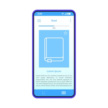 Reading ebooks smartphone app interface vector template. Mobile application page blue design layout. E-reader screen. Virtual library. Online bookstore. Flat UI. Phone display with book