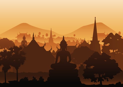 tree temple image of Buddha sculpture pagoda sea,Myanmar,Thailand vector