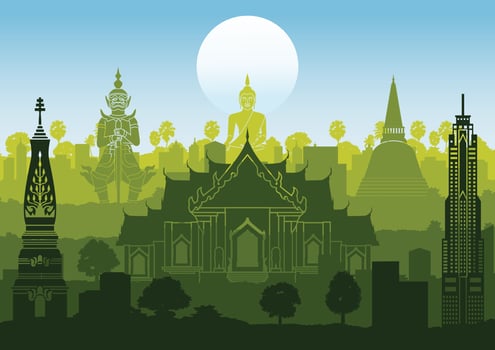 Thailand famous landmark silhouette style with row design on sunset time,green and blue color vector