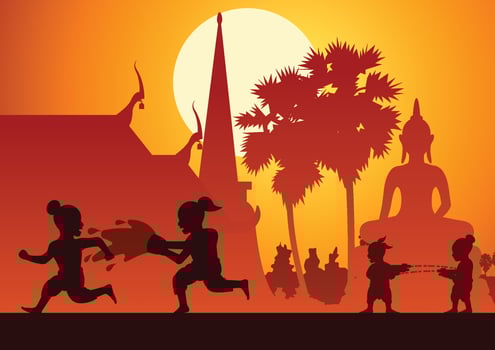 Childrean throw water each other in Song kran day famous festival of Thailand Loas Myanmar and Cambodia vector
