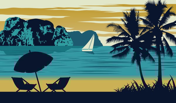 Nature scene of sea in summer,umbrella and cot are on beach,vintage color design vector