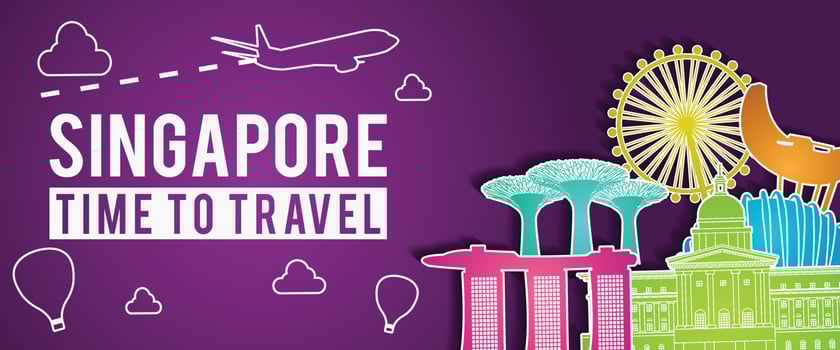 purple banner of Singapore famous landmark silhouette colorful style,plane and balloon fly around with cloud vector