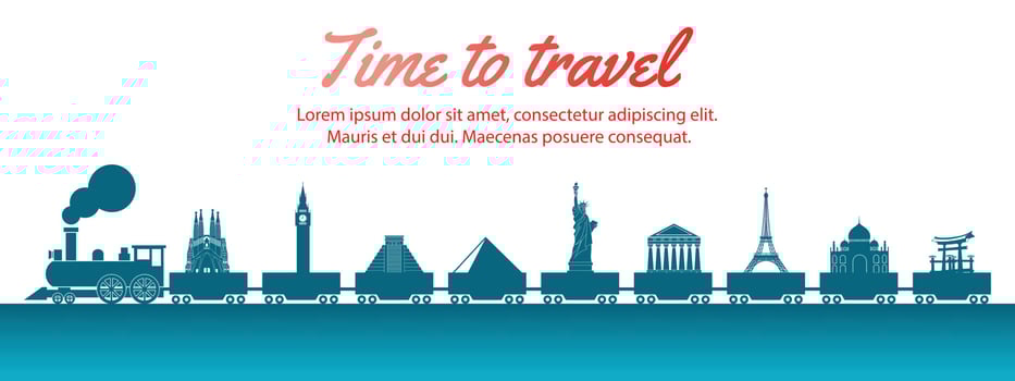 world landmark carried by train,concept art  silhouette style,vector illustration,green blue gradient vector