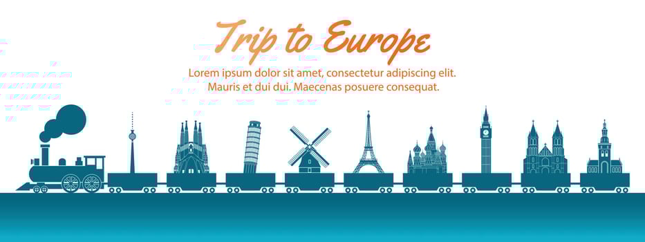 europe landmark carried by train,concept art  silhouette style,vector illustration,green blue gradient vector