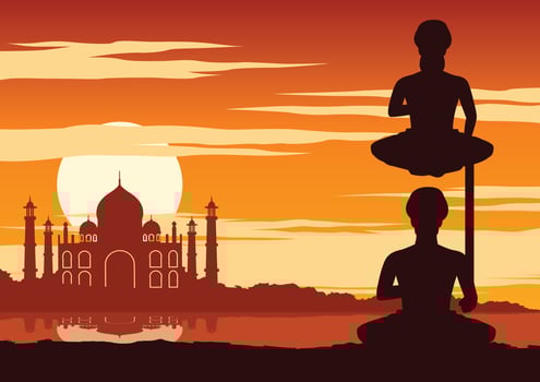 India Yogi perform yoga near famous landmark at sunset time vector