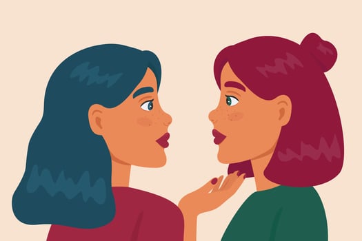 Lgbt lesbian girls couple. Portrait of adorable young women flirting with each other. Make love concept. Happy smiling people enjoy togetherness. vector