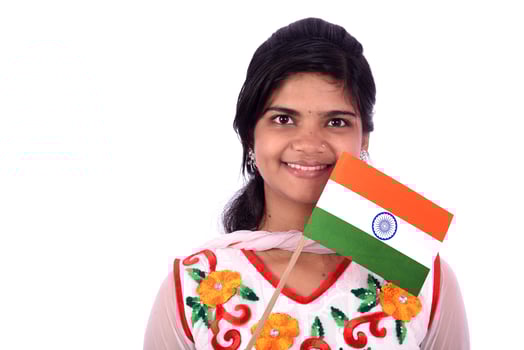 Indian girl standing with Indian flag or tricolor on white background, girl holding Indian flag, Indian Independence day, Indian Republic day photo