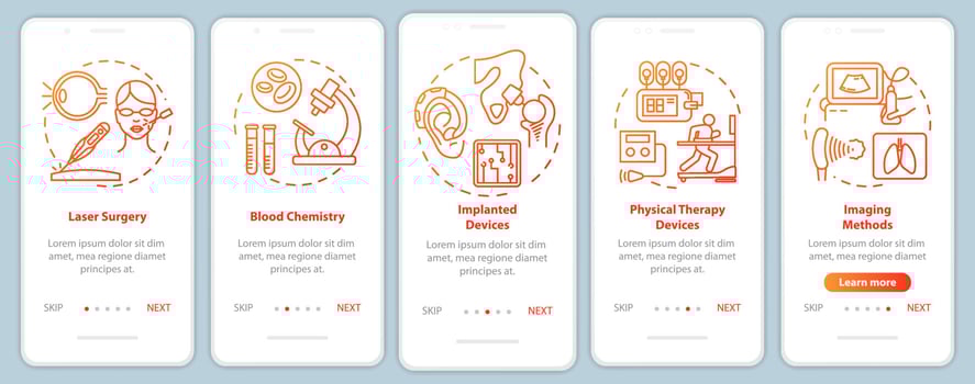 Biomedical engineering onboarding mobile app page screen vector template. Laser surgery. Walkthrough website steps with linear illustrations. Blood chemistry. UX, UI, GUI smartphone interface concept