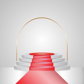 Round pedestal. Winner podium champion circular base first place trophy award win, mockup empty white stair with red carpet. vector