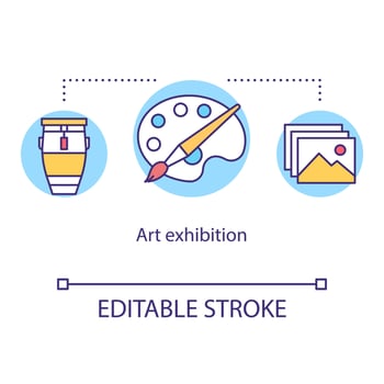 Art exhibition concept icon. Drawing and painting display event. Cultural museum. Artwork showcase. Gallery exposition idea thin line illustration. Vector isolated outline drawing. Editable stroke