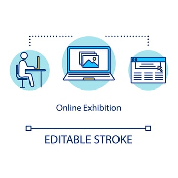 Online exhibition concept icon. Educational website. Virtual reality venue. Online gallery show. Digital exposition idea thin line illustration. Vector isolated outline drawing. Editable stroke
