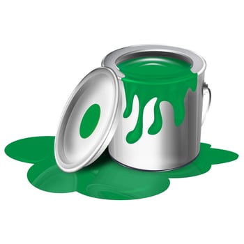 An open can with spilled paint and a green spot. Vector illustration.