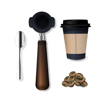 3D, Cafe set of holder, spoon, coffee beans, paper cup. Isolated over white background. For registration, web design. vector