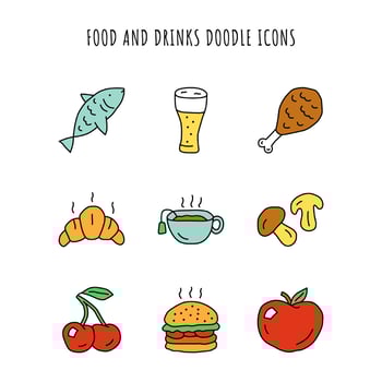 Food and drinks doodle color icons set. Burger, chicken leg and beer. Delicious eating and beverages hand drawn isolated vector illustrations. Fish, cherry and apple. Croissant, hot tea and mushrooms